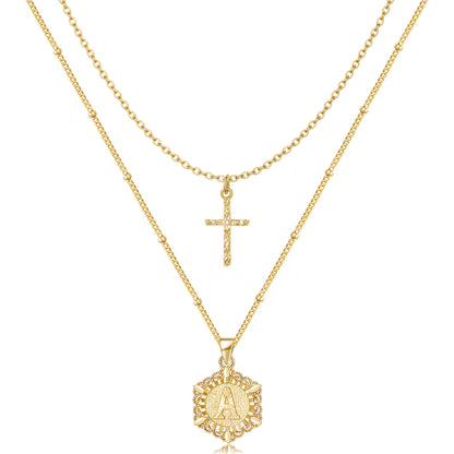 14K Gold Plated Layering Hexagon Letter Cross Pendant Necklace on White Background