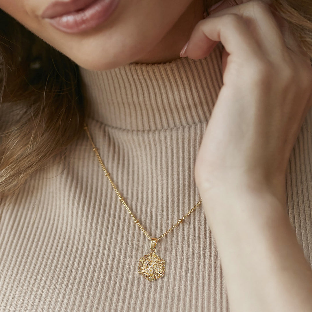 14K Gold Plated Necklace with Layered Hexagon Letter and Cross Pendant