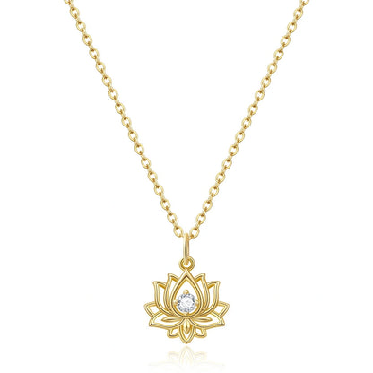 14K Gold Plated Yoga Floral Pendant Necklace with Message Card- Single Diamond Lotus