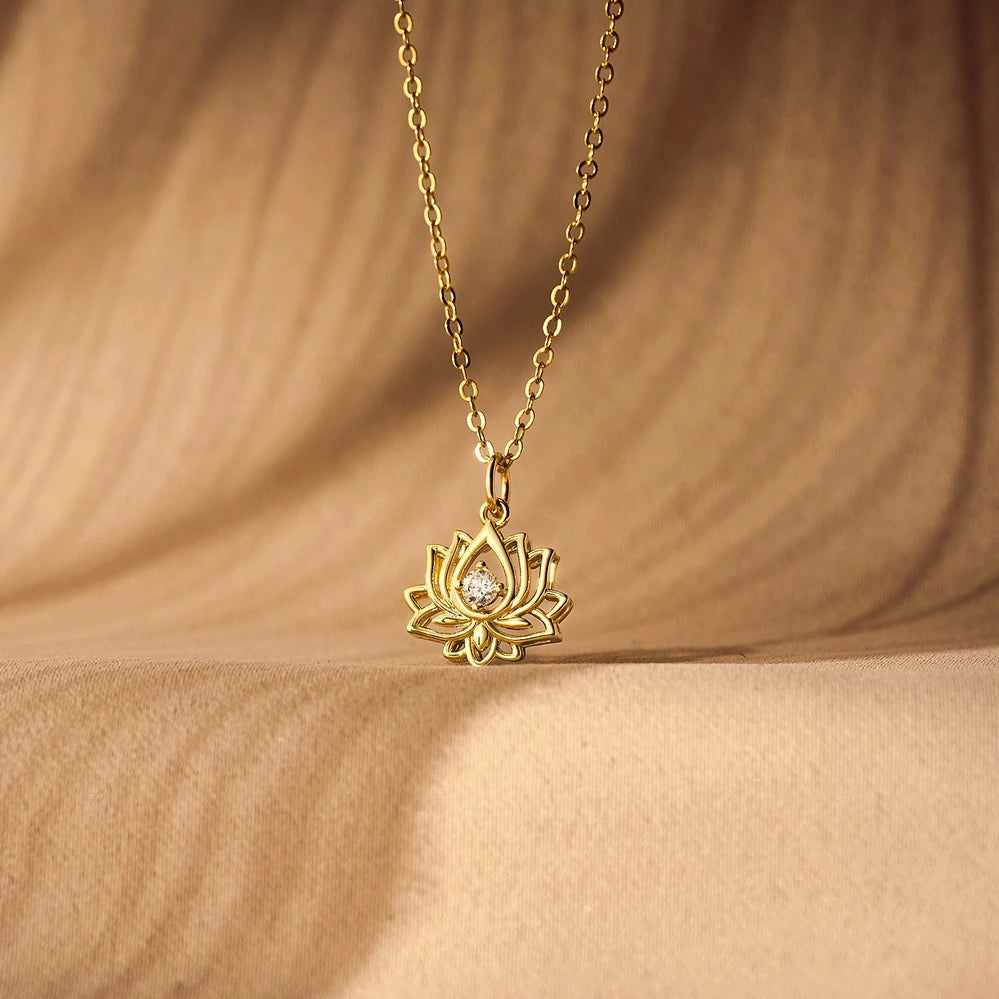 14K Gold Plated Yoga Floral Pendant Necklace with Message Card- Single Diamond Lotus