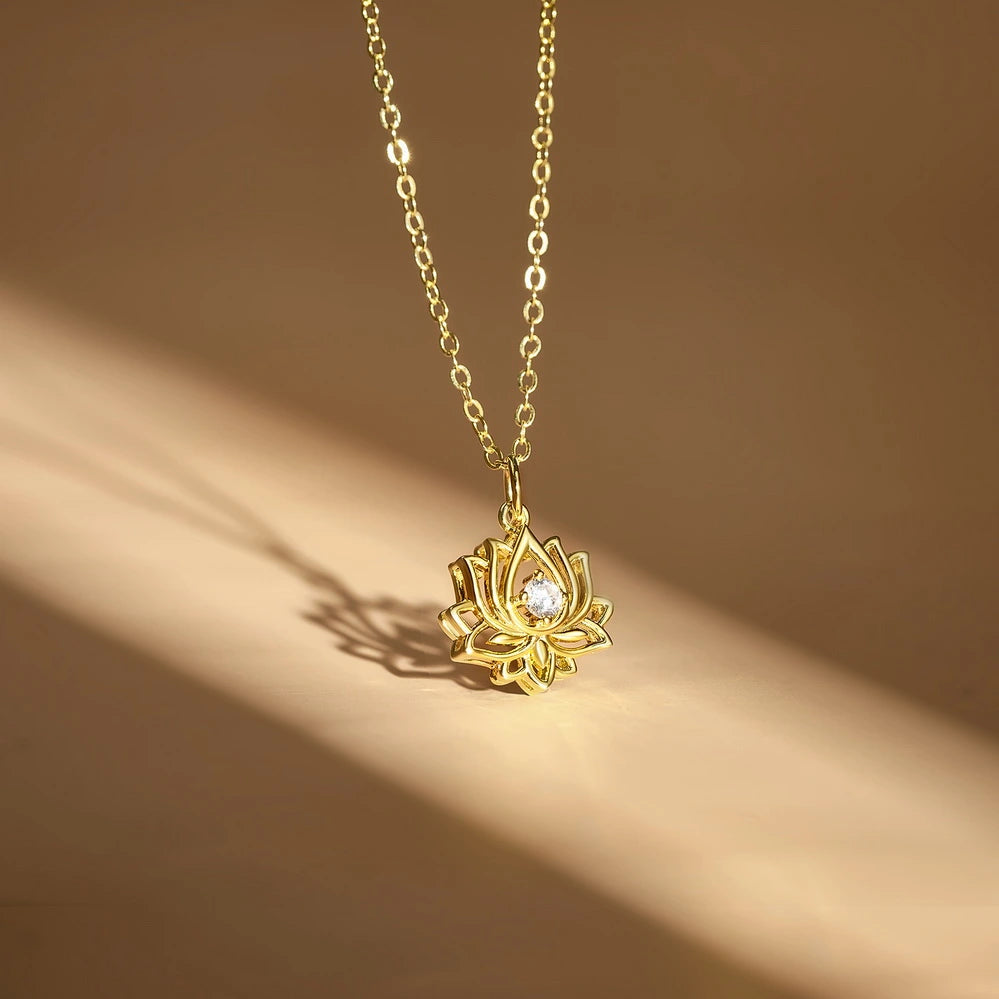 14K Gold Plated Yoga Floral Pendant Necklace with Message Card- Single Diamond Lotus