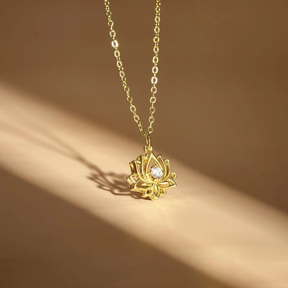 14K Gold Plated Yoga Floral Pendant Necklace with Message Card- Single Diamond Lotus