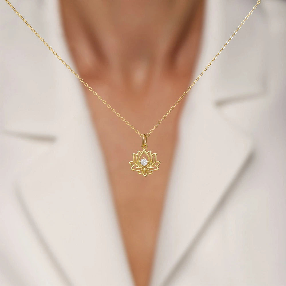 14K Gold Plated Yoga Floral Pendant Necklace with Message Card- Single Diamond Lotus