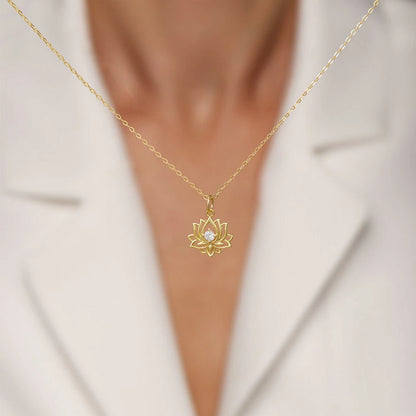 14K Gold Plated Yoga Floral Pendant Necklace with Message Card- Single Diamond Lotus