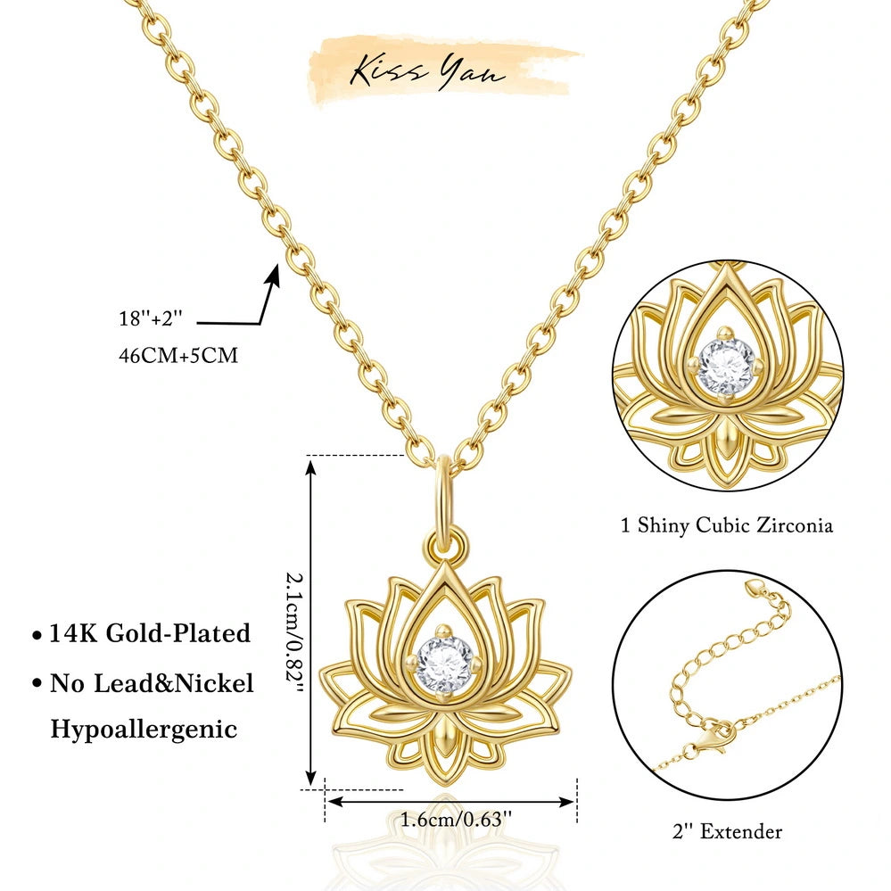 14K Gold Plated Yoga Floral Pendant Necklace with Message Card- Single Diamond Lotus
