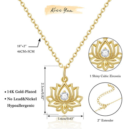 14K Gold Plated Yoga Floral Pendant Necklace with Message Card- Single Diamond Lotus